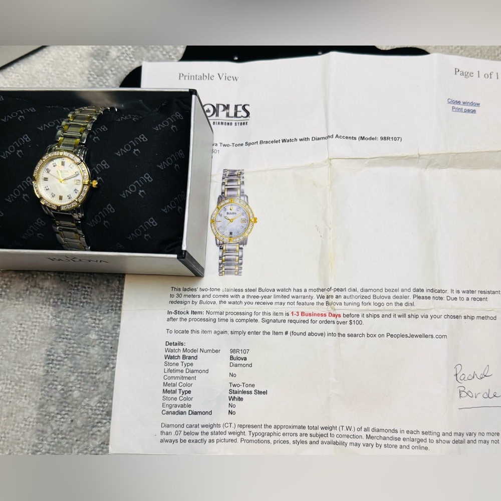 Bulova Two-Tone Stainless Mother of Pearl, Diamond Bezel Date Indicator Watch - Picture 15 of 15